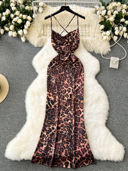 leopard backless straps slim long dress