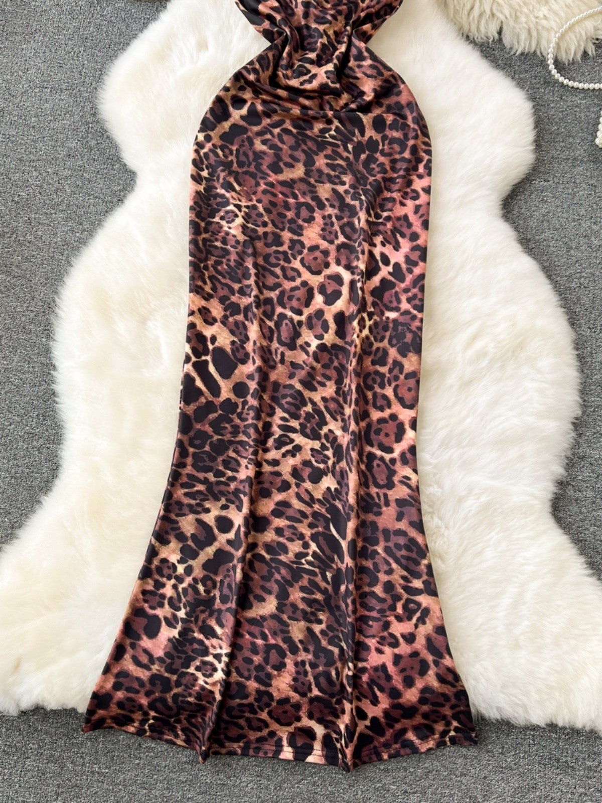 leopard backless straps slim long dress