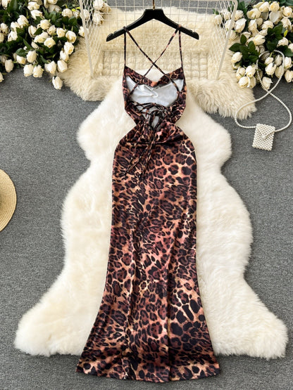 leopard backless straps slim long dress