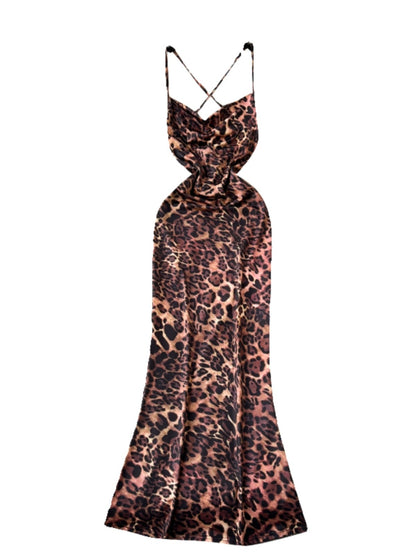 leopard backless straps slim long dress