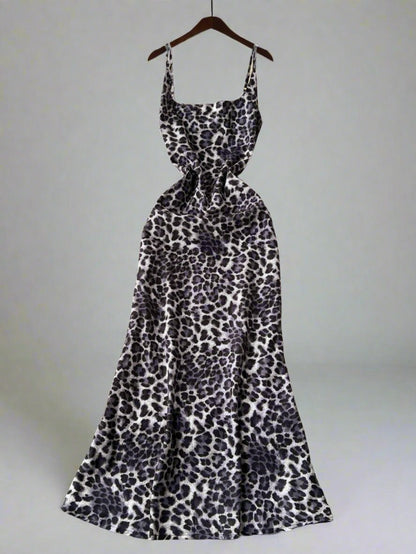 Square collar slim fit leopard print long dress