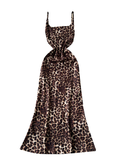 Square collar slim fit leopard print long dress