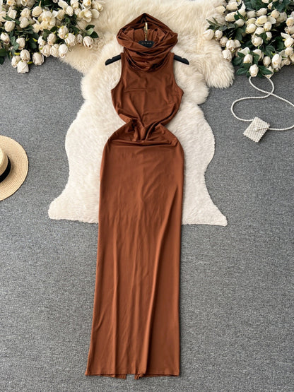 Long straight dress hooded sleeveless female tight slim dress