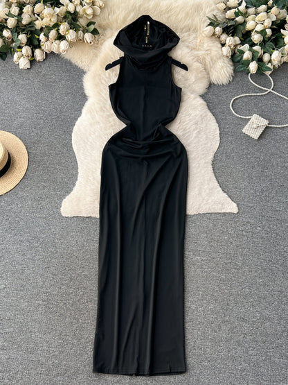 Long straight dress hooded sleeveless female tight slim dress