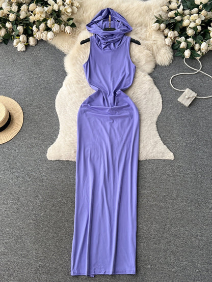 Long straight dress hooded sleeveless female tight slim dress