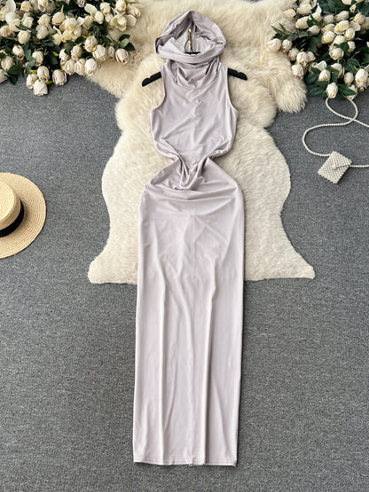 Long straight dress hooded sleeveless female tight slim dress