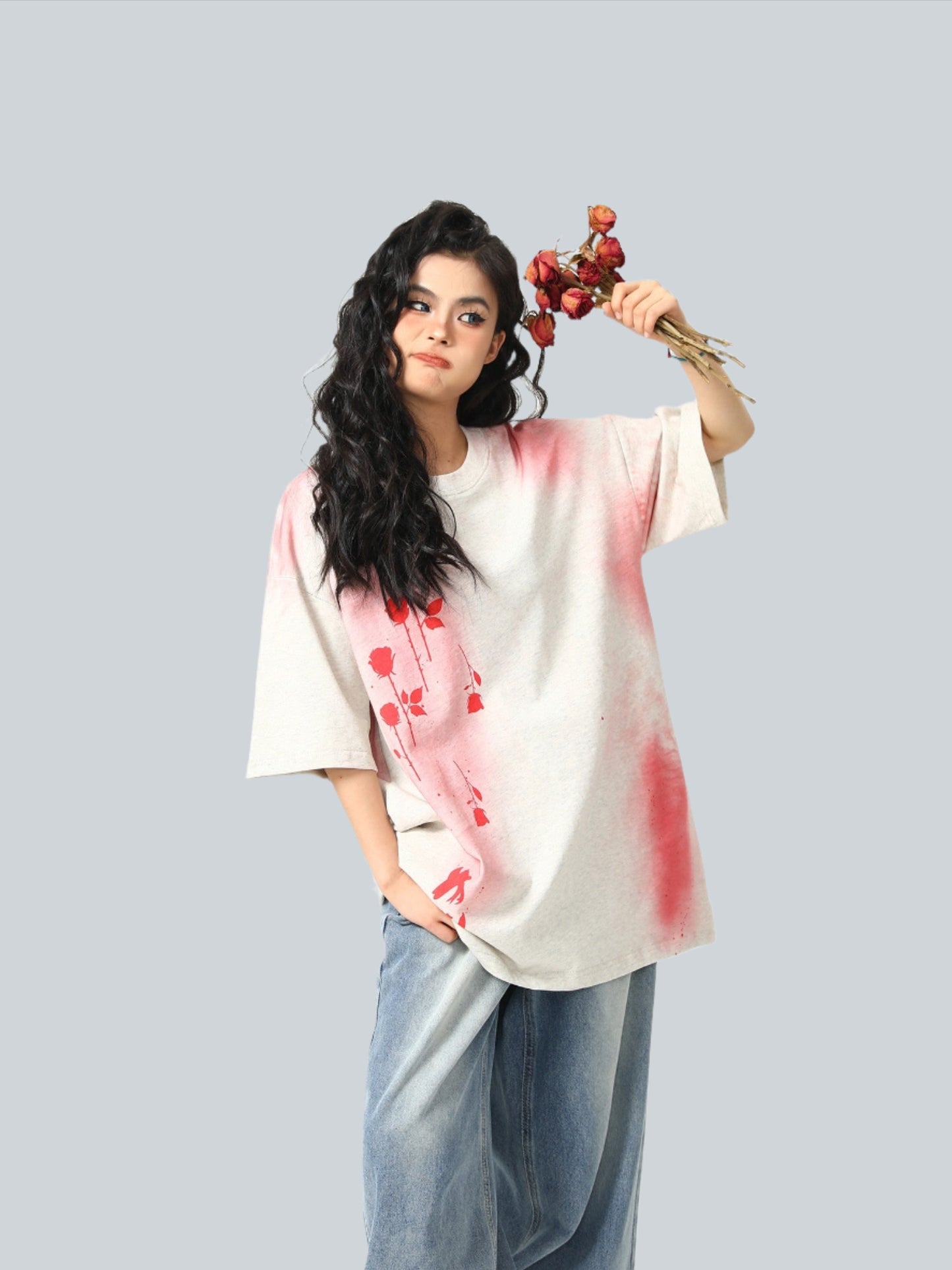 Camicia color spray paint rose print short-sleeved T-shirt female summer tee