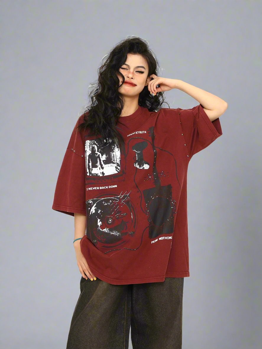 Wine redshort-sleeved T-shirt unisex oversize couple tops