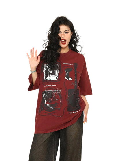 Wine redshort-sleeved T-shirt unisex oversize couple tops