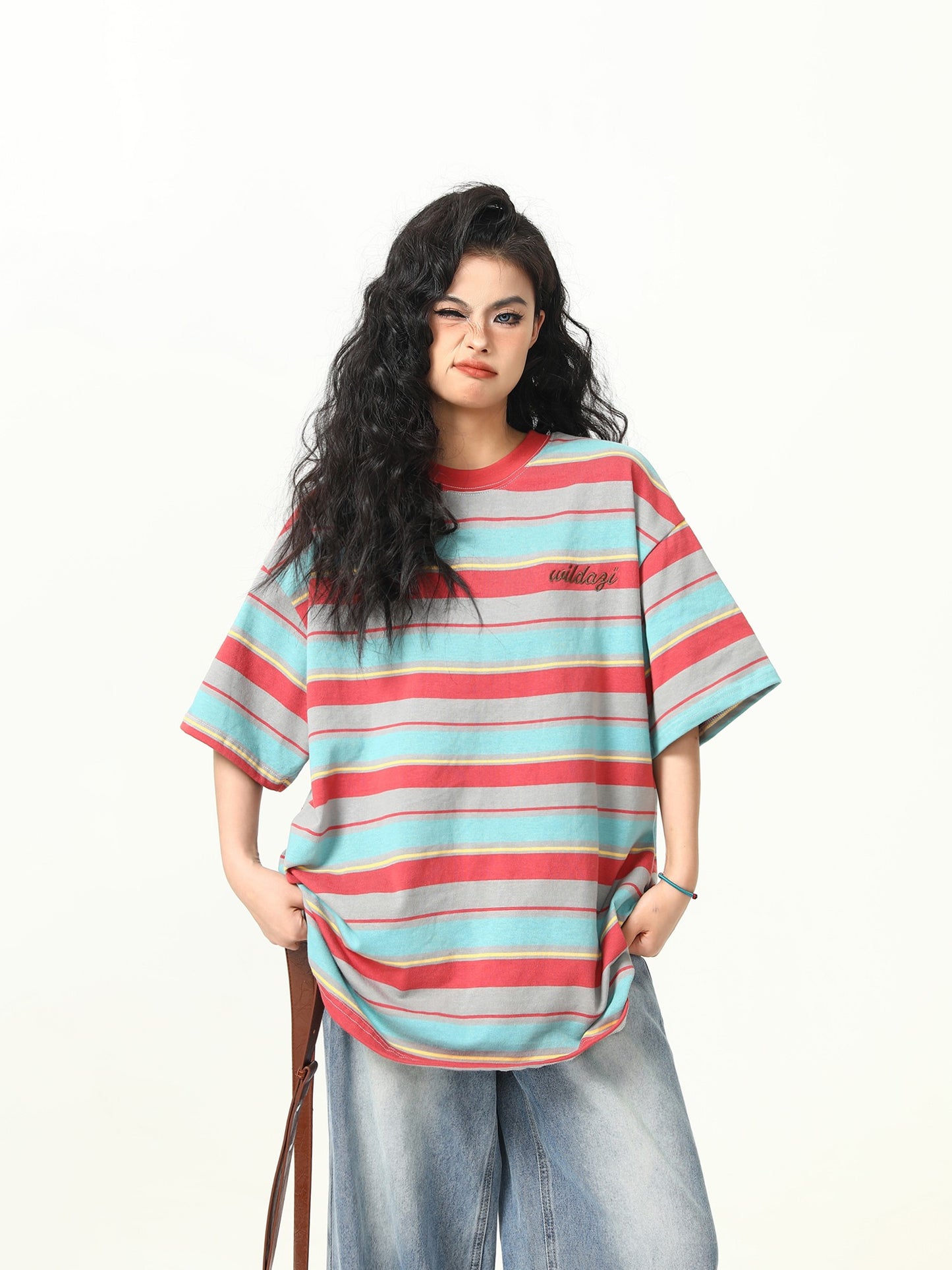 280g Striped Short sleeved T-shirt Women's Summer Loose Top