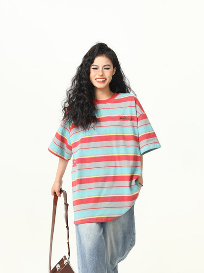 280g Striped Short sleeved T-shirt Women's Summer Loose Top