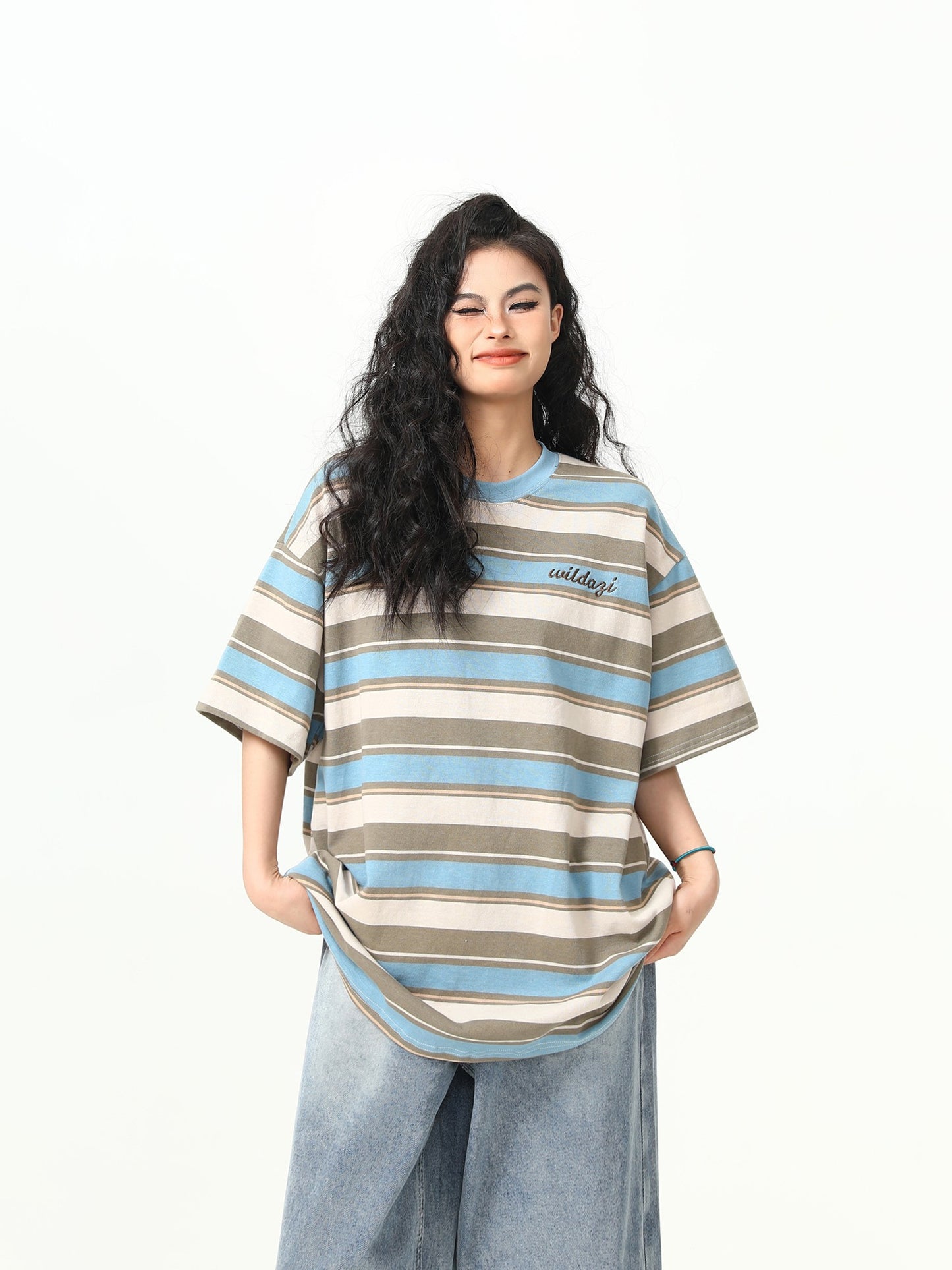 280g Striped Short sleeved T-shirt Women's Summer Loose Top