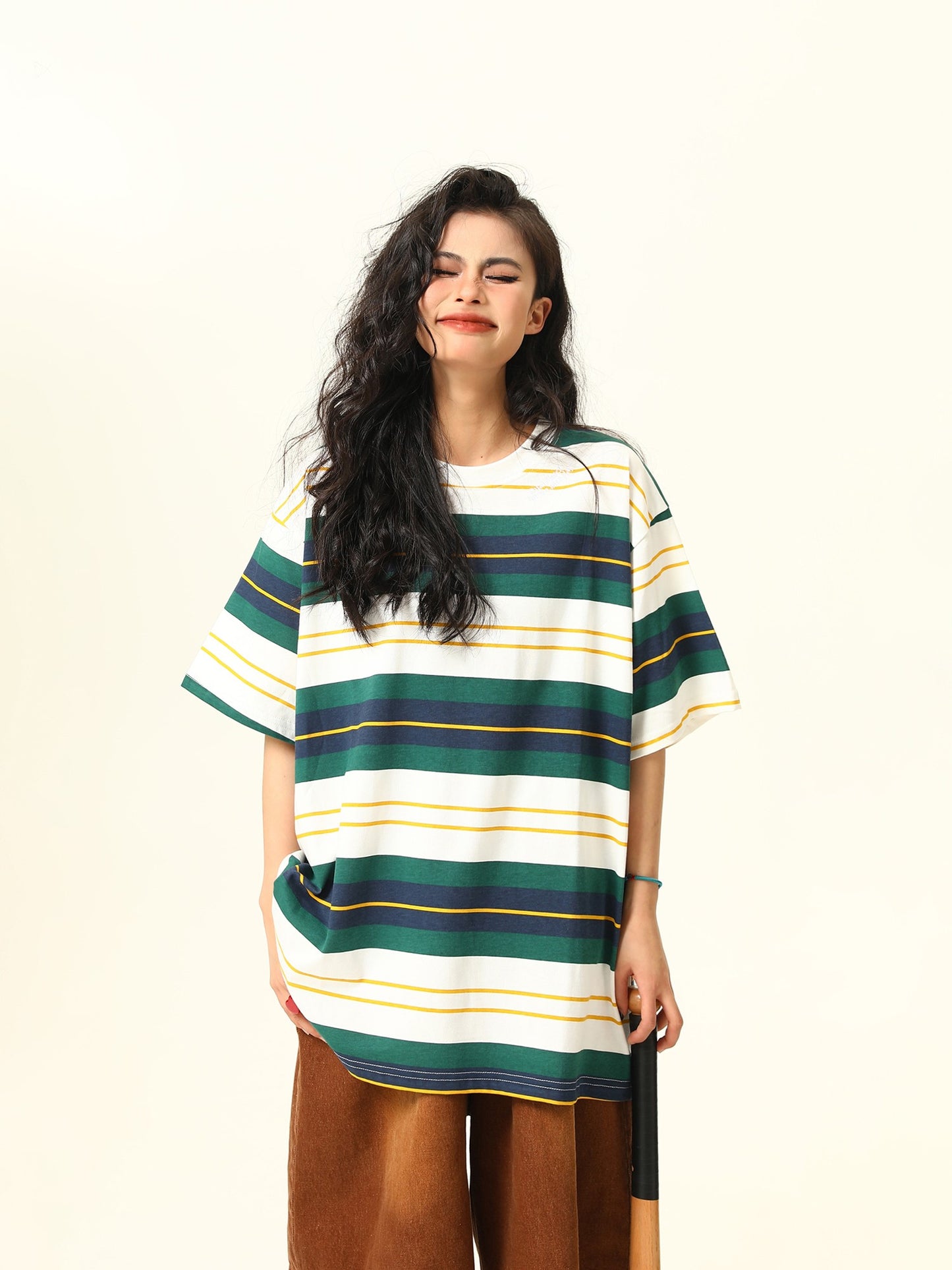 Wild striped short-sleeved T-shirt men and women loose versatile top