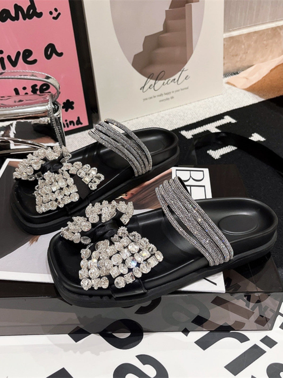 Sandals for women summer bow rhinestone open-toe slippers flat shoes