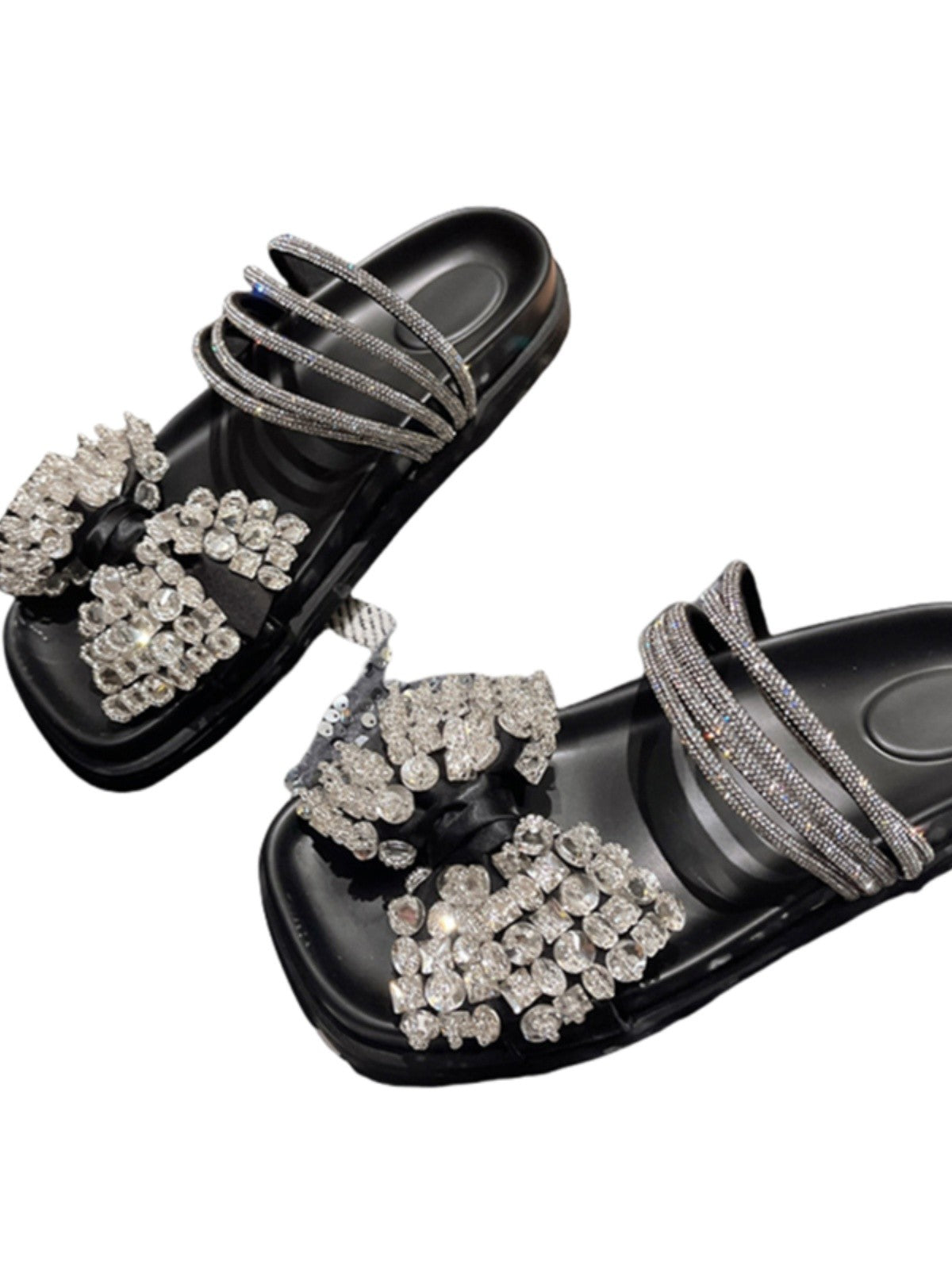 Sandals for women summer bow rhinestone open-toe slippers flat shoes