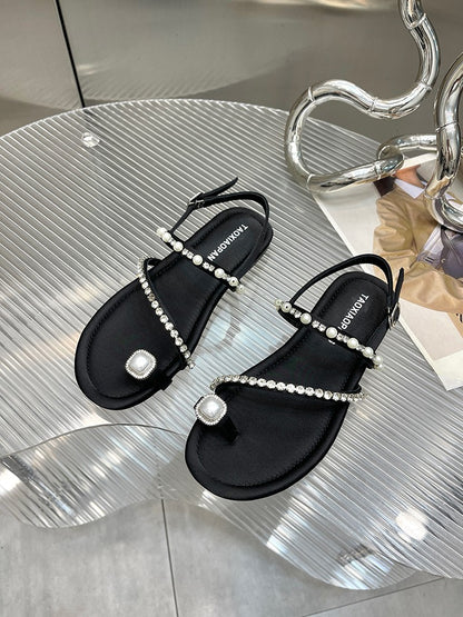 Flache sandalen für frauen sommer neue stil perle strass