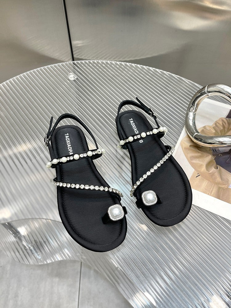 Flache sandalen für frauen sommer neue stil perle strass