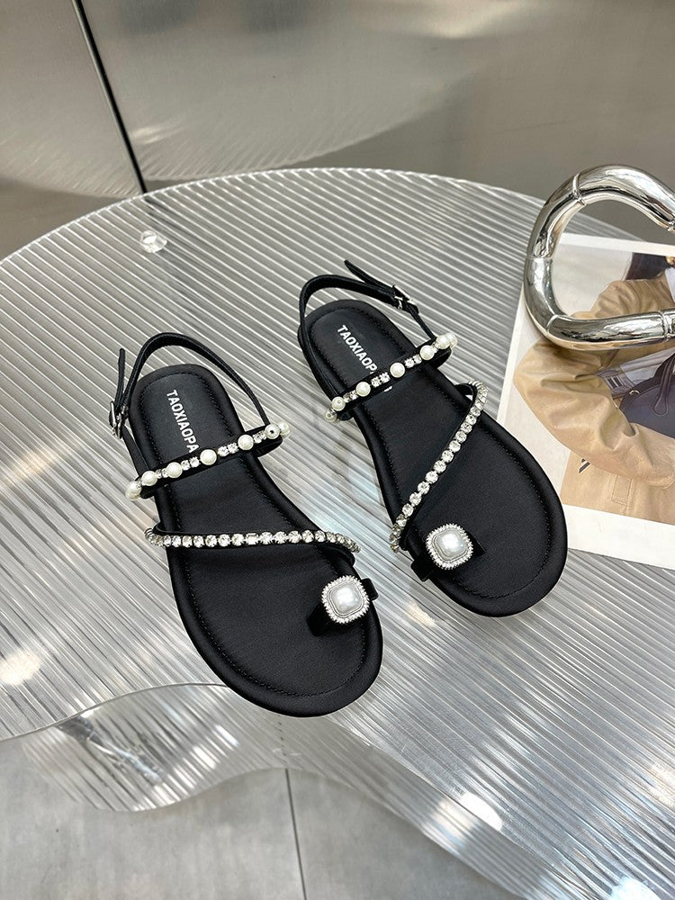 Flache sandalen für frauen sommer neue stil perle strass