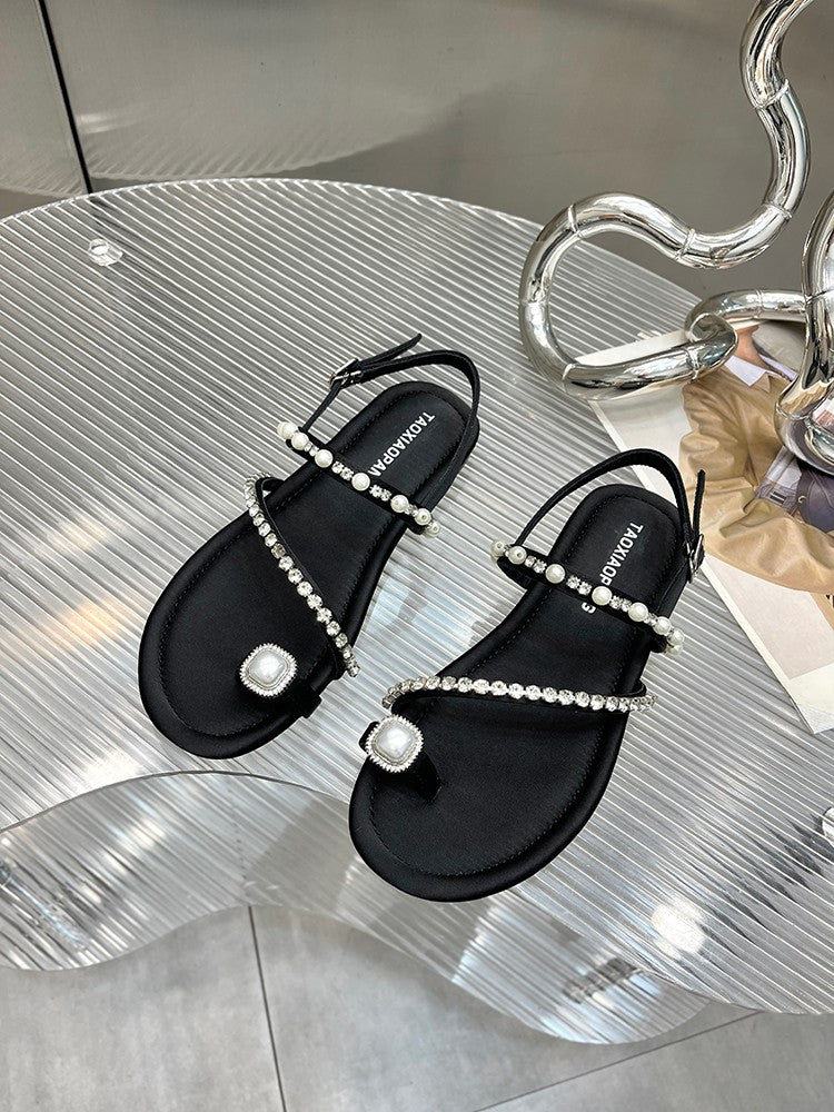 Flache sandalen für frauen sommer neue stil perle strass