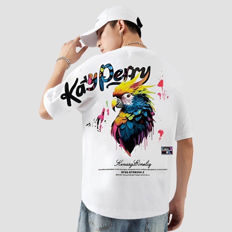 Camicia tide painted T-shirt parrot pattern men's summer pure cotton unisex top