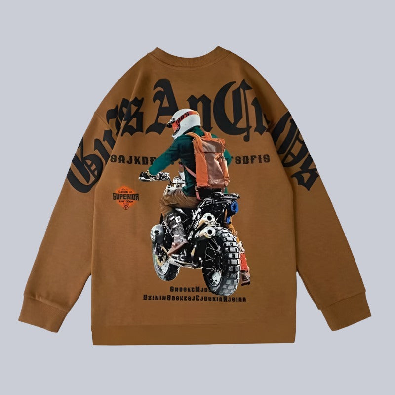 Motorcycle pattern sweatshirt men's spring and autumn trendy round neck long sleeve top