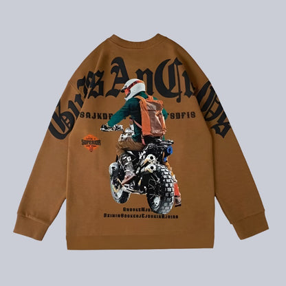 Motorcycle pattern sweatshirt men's spring and autumn trendy round neck long sleeve top