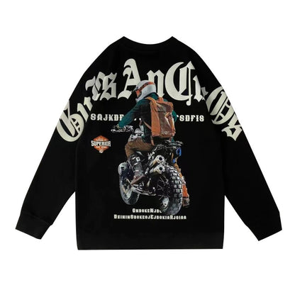 Motorcycle pattern sweatshirt men's spring and autumn trendy round neck long sleeve top