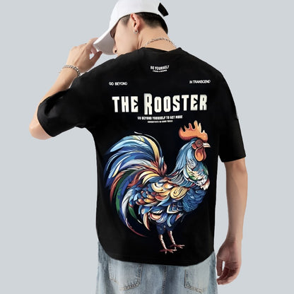 Unisex camicia trend big rooster print hem short-sleeved T-shirt men's summer hip pop top