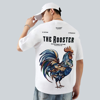 Unisex camicia trend big rooster print hem short-sleeved T-shirt men's summer hip pop top