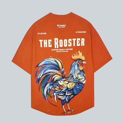 Unisex camicia trend big rooster print hem short-sleeved T-shirt men's summer hip pop top