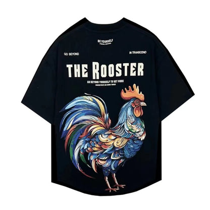 Unisex camicia trend big rooster print hem short-sleeved T-shirt men's summer hip pop top