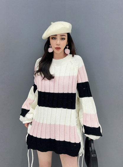 Color Matching Knitted Pullover Irregular Women's Sweater