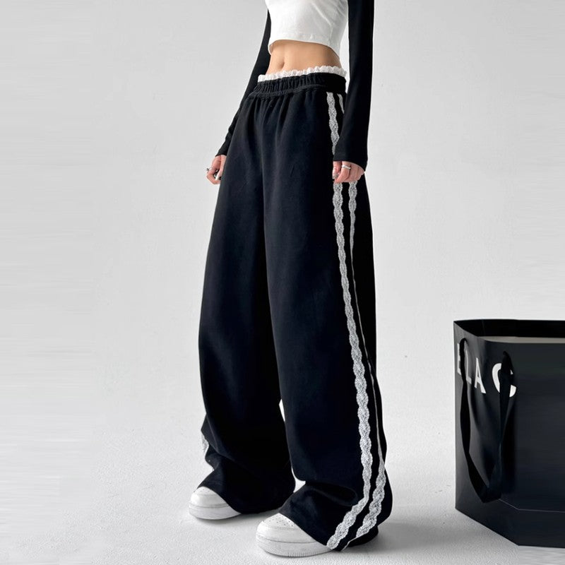 Lace stitching black sweatpants women high waist drape wide leg pants