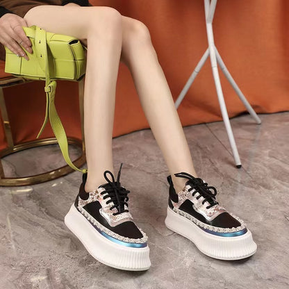 White Genuine Women Leather Water Diamond Casual Cake Shoes