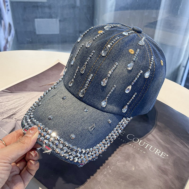 Rhinestone peaked hat water drop denim baseball cap