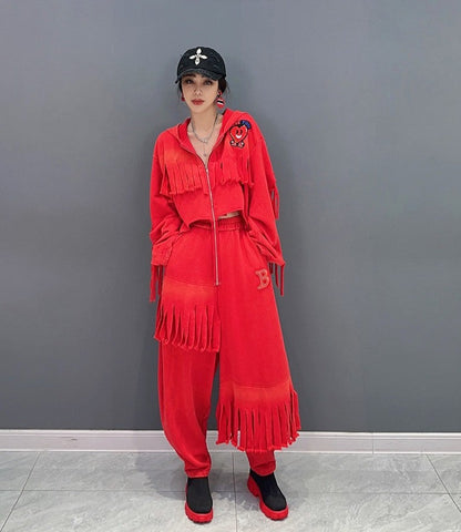 Red women hooded short tops casual trousers two-piece set