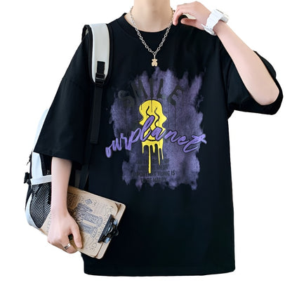 Fad graphic T-shirt men's summer casual black loose top