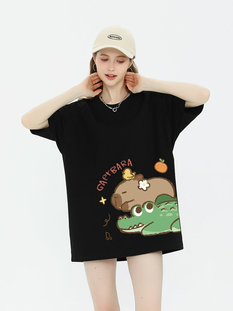 T-Shirt mit Krokodil-Grafik für Damen, kurzärmlig