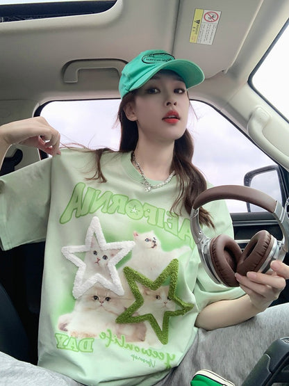 American green cat short-sleeved T-shirt for women in summer 2024 new pure cotton design niche shoulder inner wear clothes