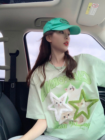 American green cat short-sleeved T-shirt for women in summer 2024 new pure cotton design niche shoulder inner wear clothes