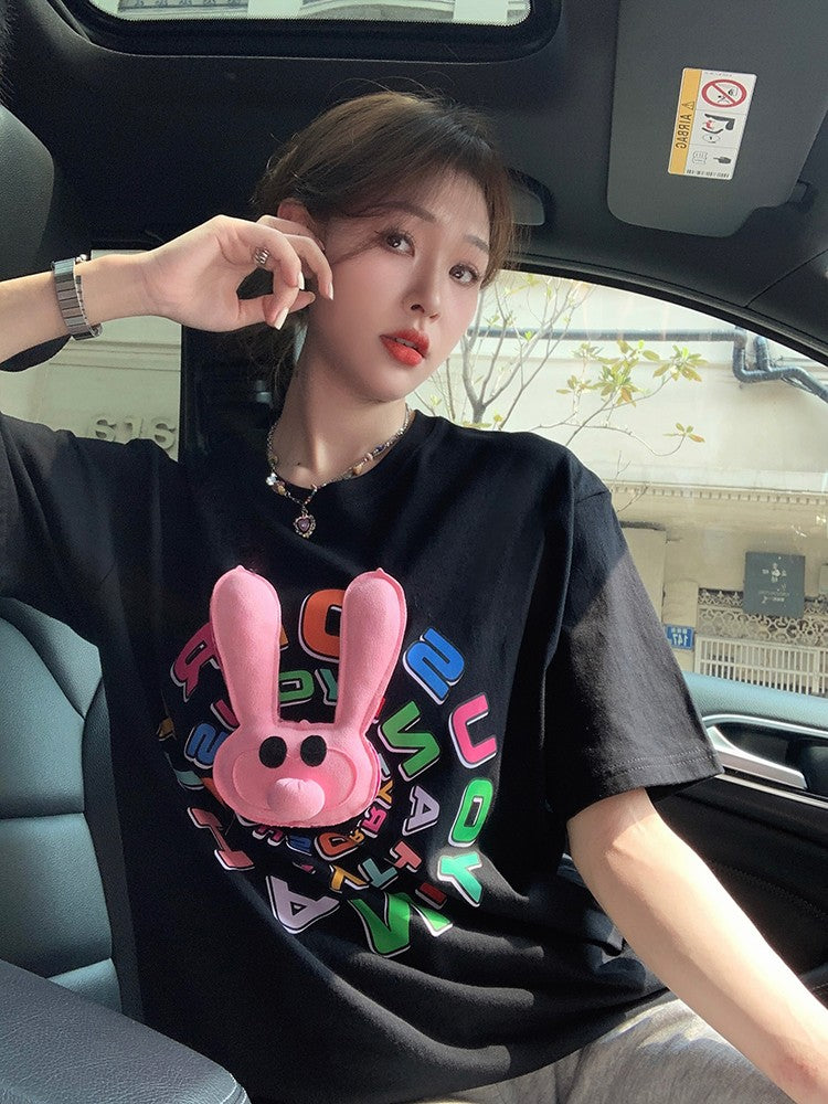 Black cartoon age-reducing short-sleeved T-shirt for women in summer with loose design, niche American style, straight shoulder and personality, street style top