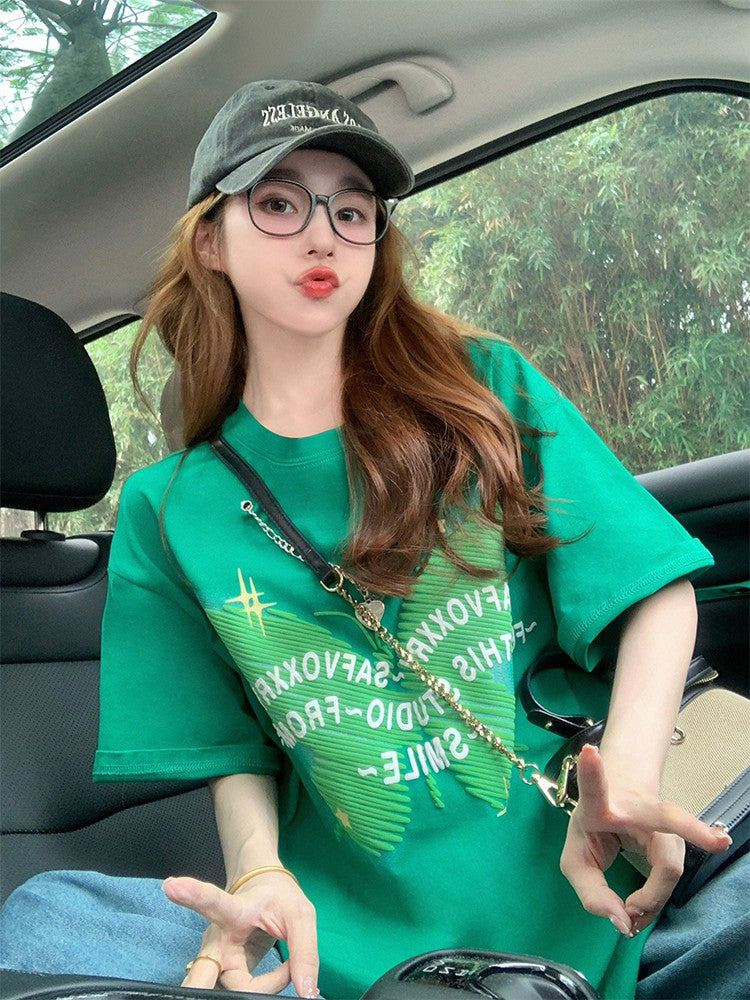 American butterfly chain short-sleeved T-shirt for women 2024 new summer trendy brand design oversize green top