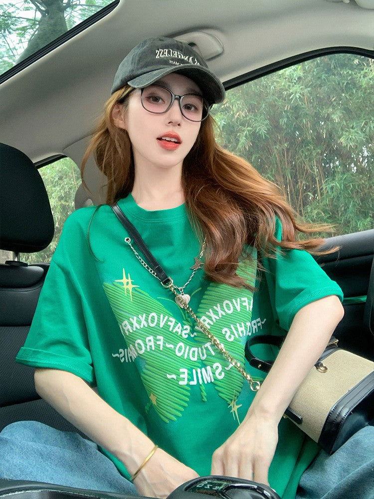 American butterfly chain short-sleeved T-shirt for women 2024 new summer trendy brand design oversize green top