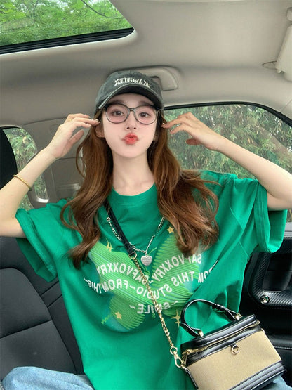 American butterfly chain short-sleeved T-shirt for women 2024 new summer trendy brand design oversize green top