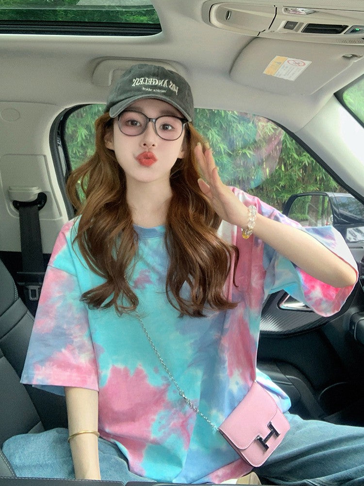 Blue gradient tie-dye short-sleeved T-shirt female 2024 new summer design oversize American style gradient top