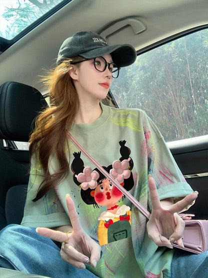 Cartoon print short-sleeved T-shirt for women 2024 new summer American tie-dye sweet design heavy loose top