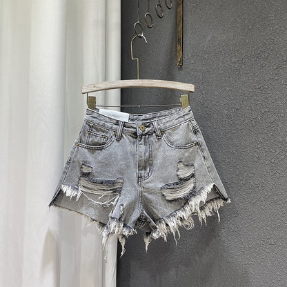 Gray high waist ripped tassel denim shorts women summer short