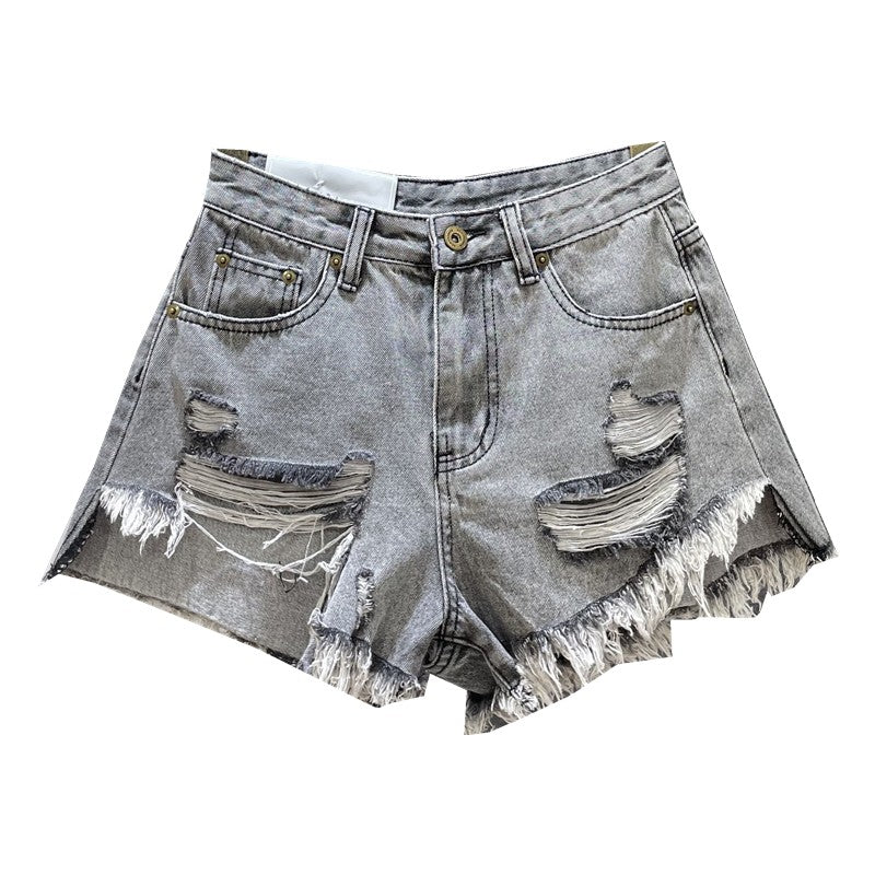 Gray high waist ripped tassel denim shorts women summer short