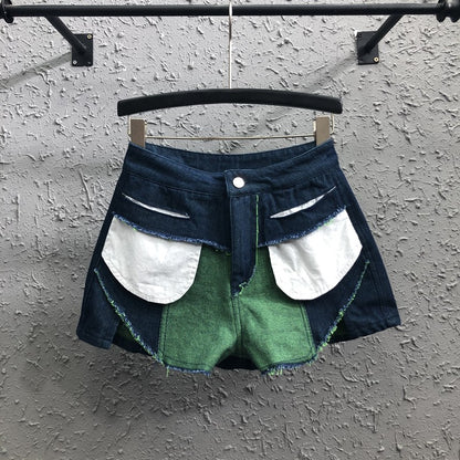 Two-color stitching denim shorts women summer high waist patch pocket short pant