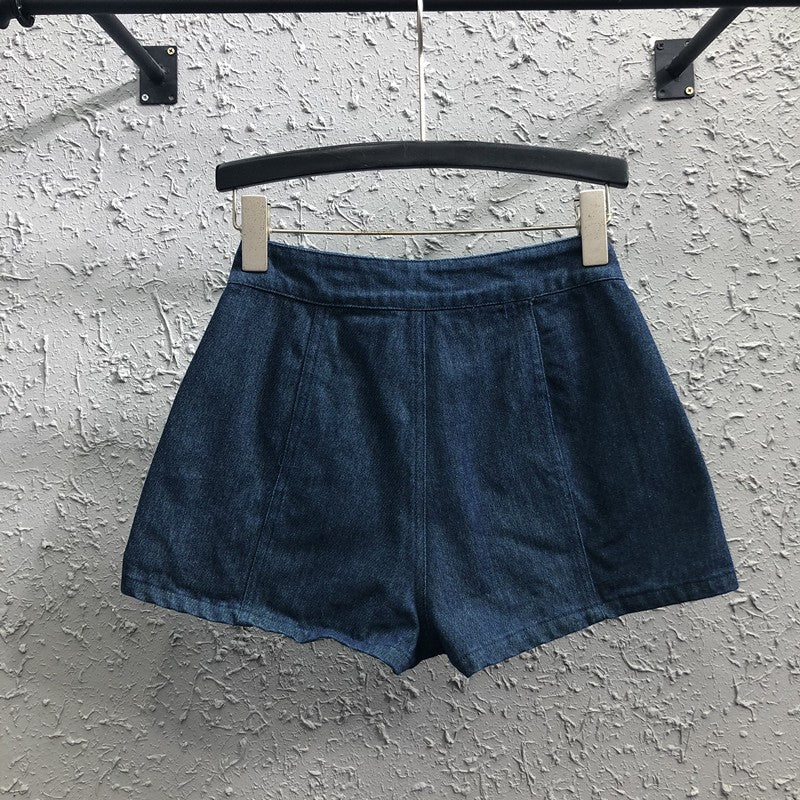 Two-color stitching denim shorts women summer high waist patch pocket short pant